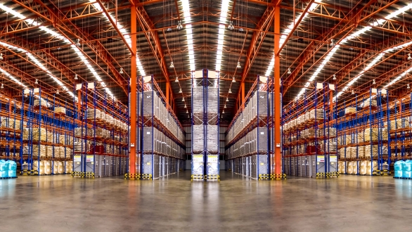 Warehouse aisles with shelves filled with boxes.